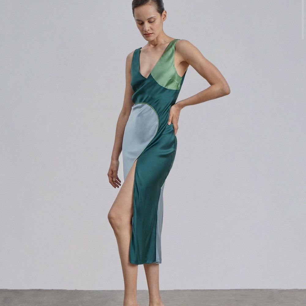 Silk Maison Geometric Splicing Split Silk Dress